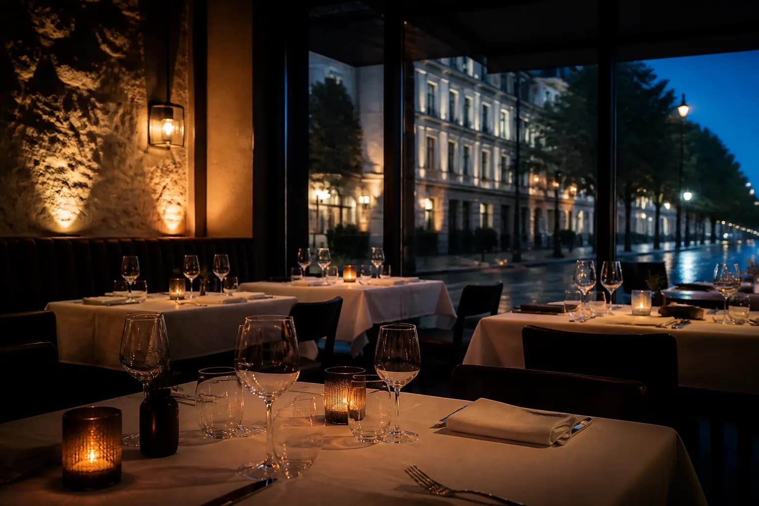 Restaurant dining room set for evening service