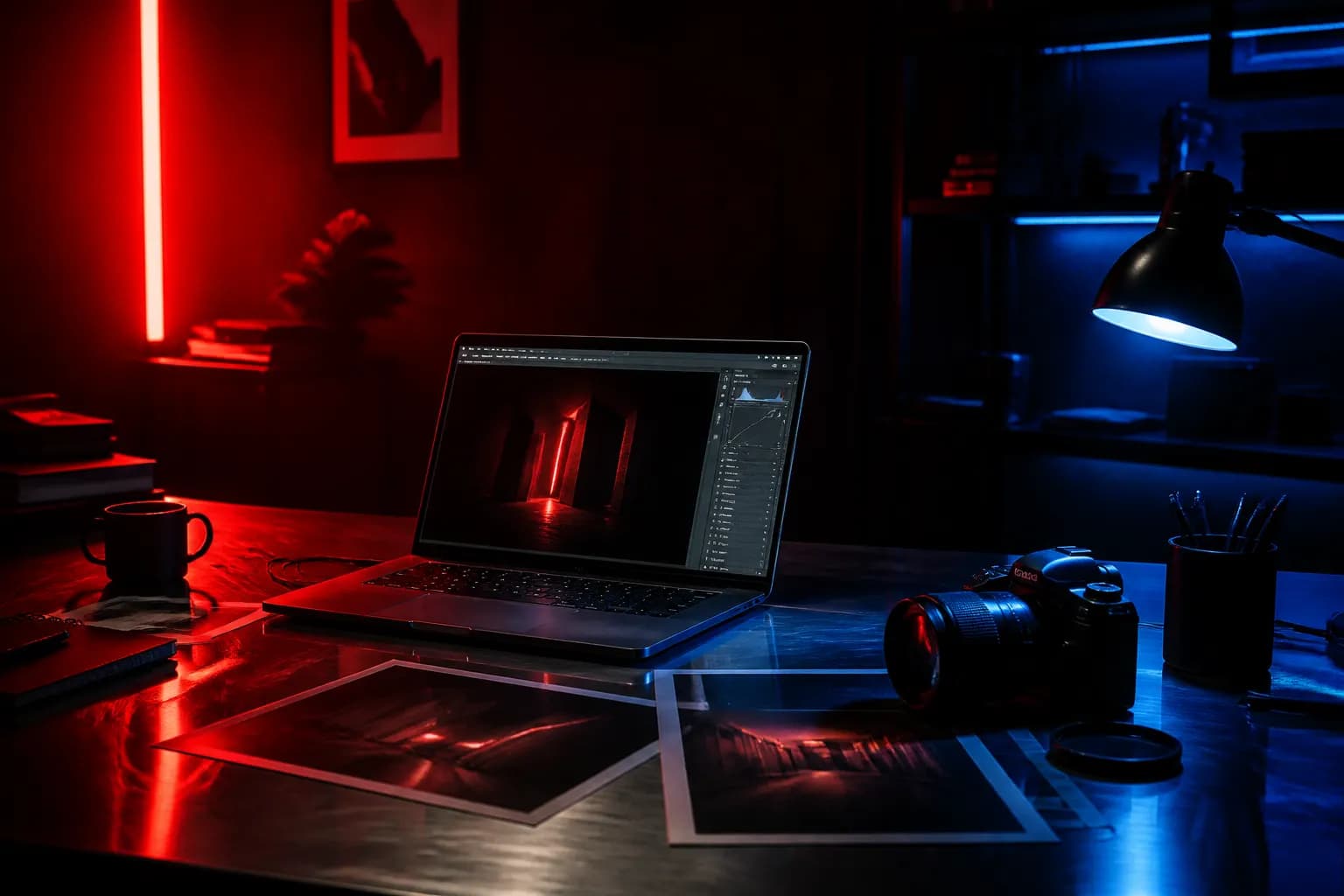 Creative studio desk under dramatic lighting